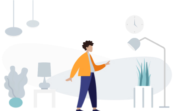 Desenho de uma pessoa vestindo uma jaqueta laranja, por cima de uma camisa branca e uma calça azul escura, no meio de uma sala com móveis