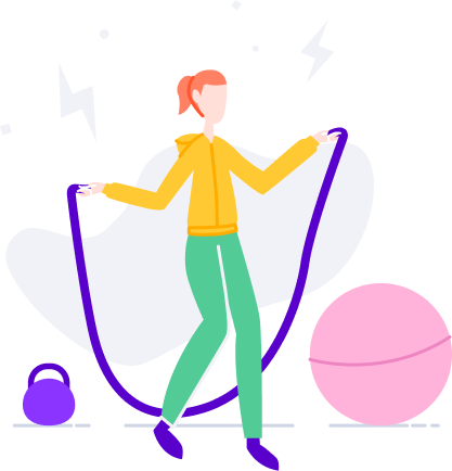 Desenho de uma pessoa pulando corda com dois objetos proximos a ela uma bola de ginastica e um haltere